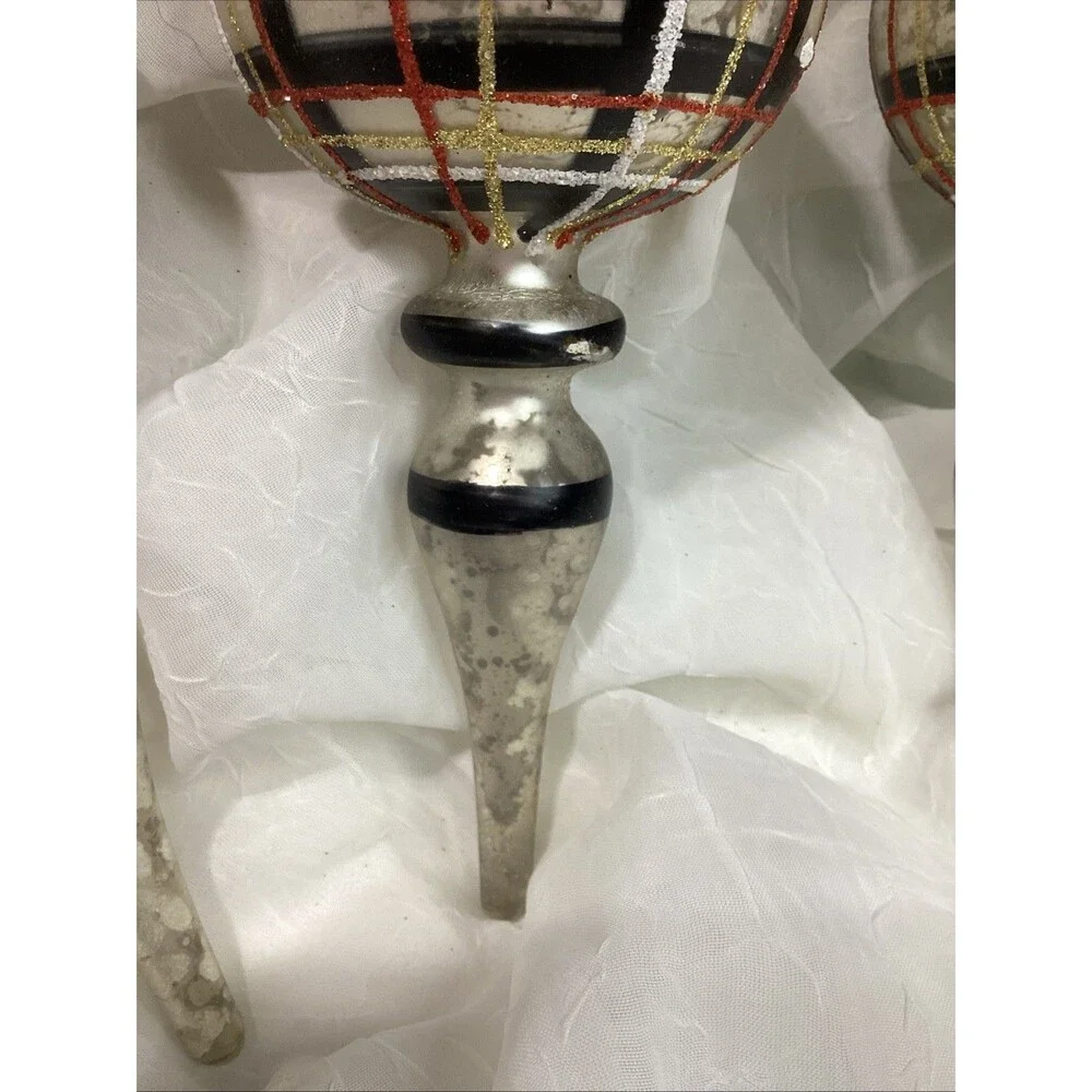 Mercury Glass Finial Christmas Plaid Ornaments X4 Black, Red, Gold & Silver 9